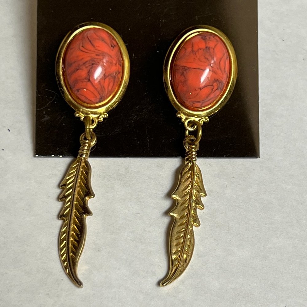 Coral cabochon with gold feather earrings, on card, southwestern flair